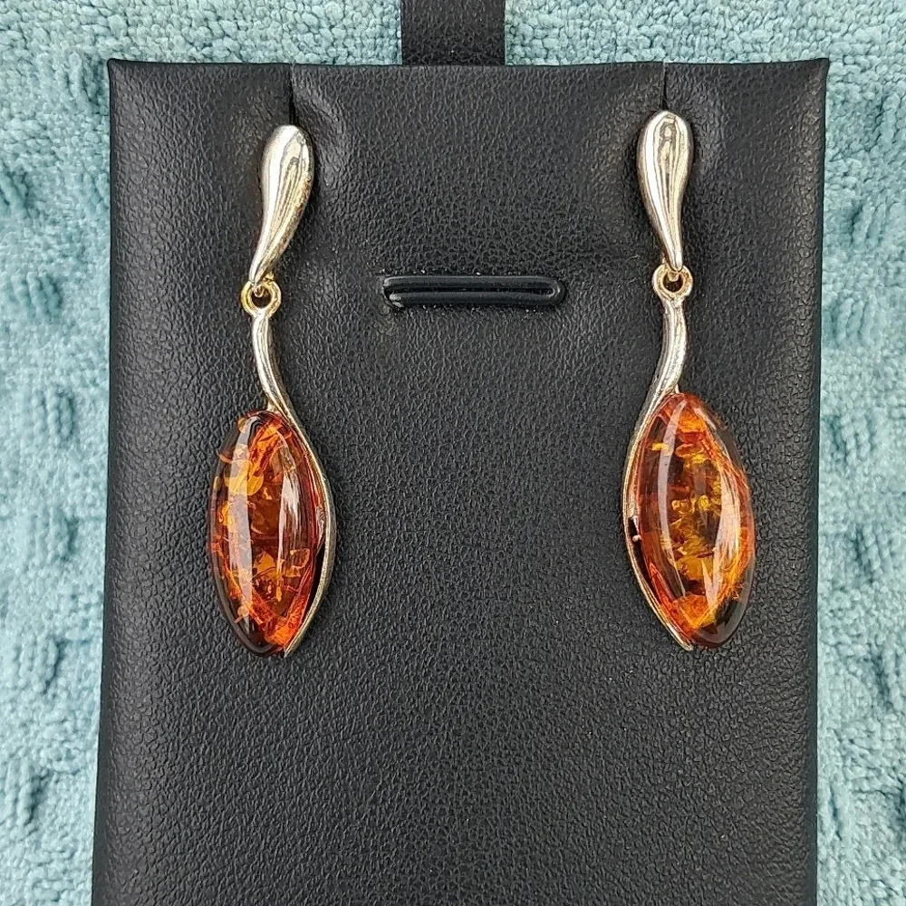 Baltic Amber Drop Dangle Earrings In 925 Sterling Silver.